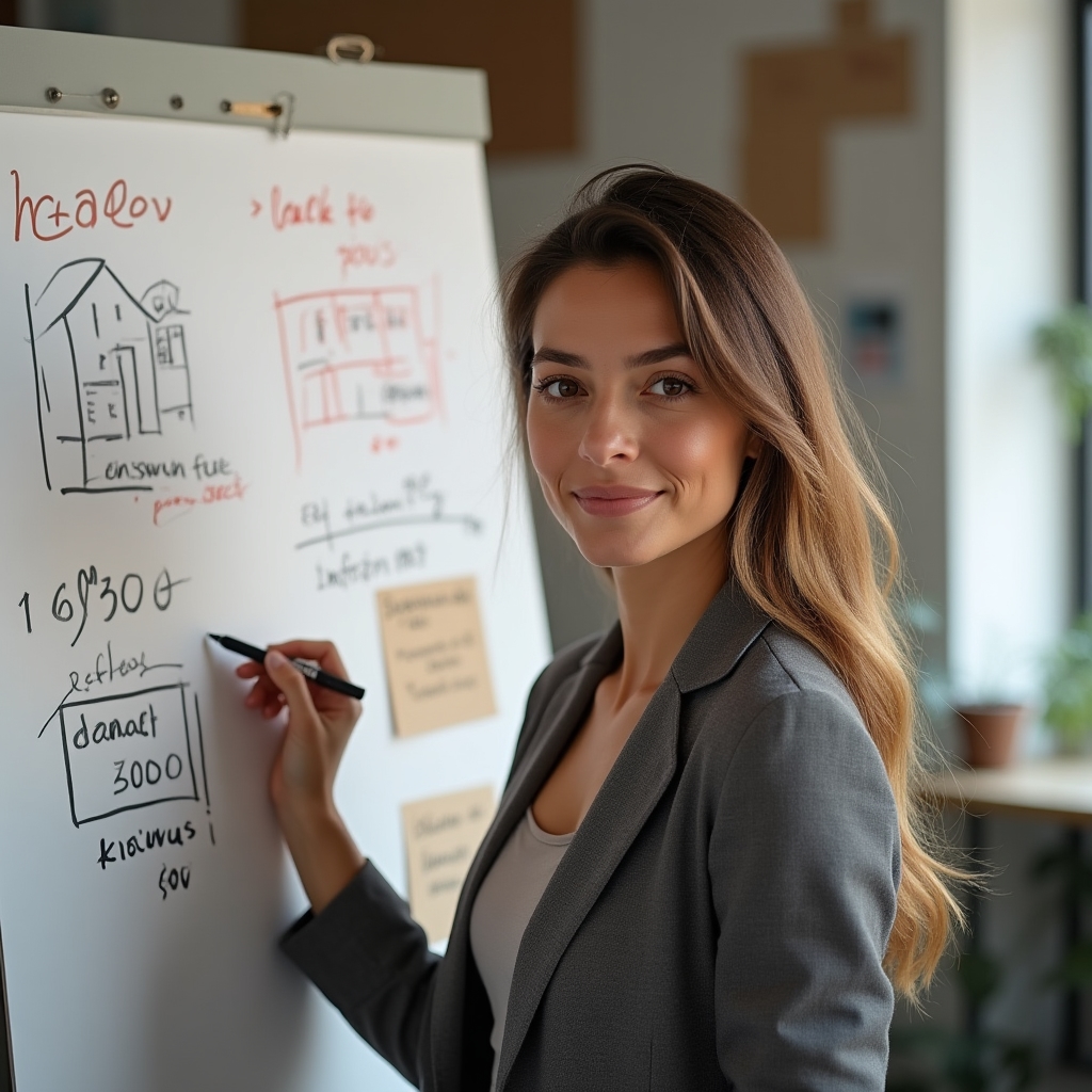 Instructor standing beside a whiteboard covered with rental yield diagrams during a teaching session