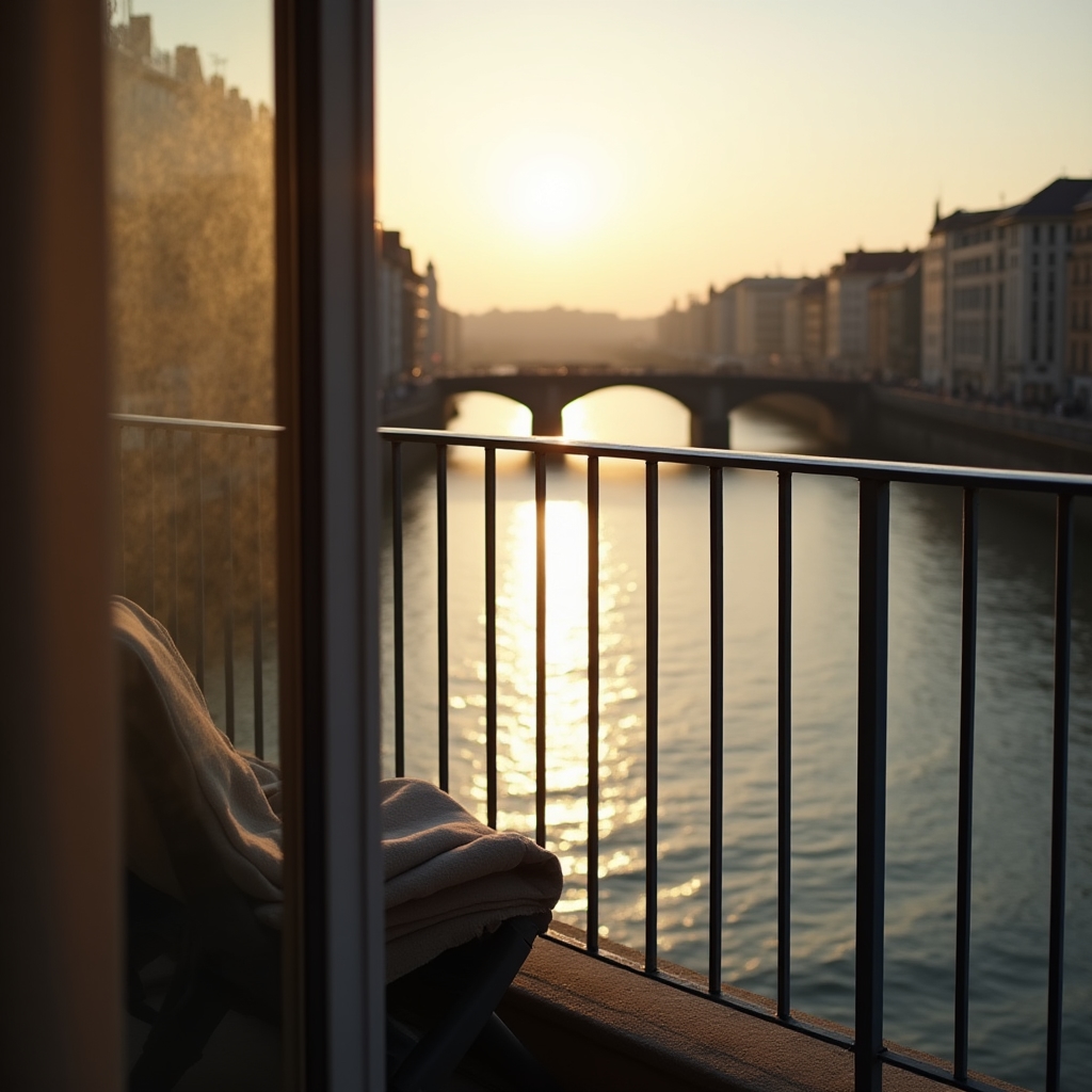Riverside apartment balcony in Wrocław overlooking the Odra river and old bridges